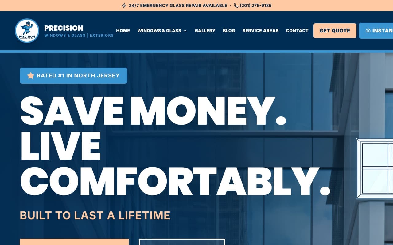 Precision Windows & Glass website — New Jersey window and glass company, built by Mega Media Management