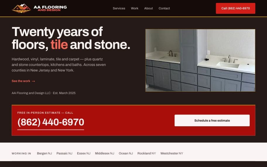 Homepage of the AA Flooring and Design website