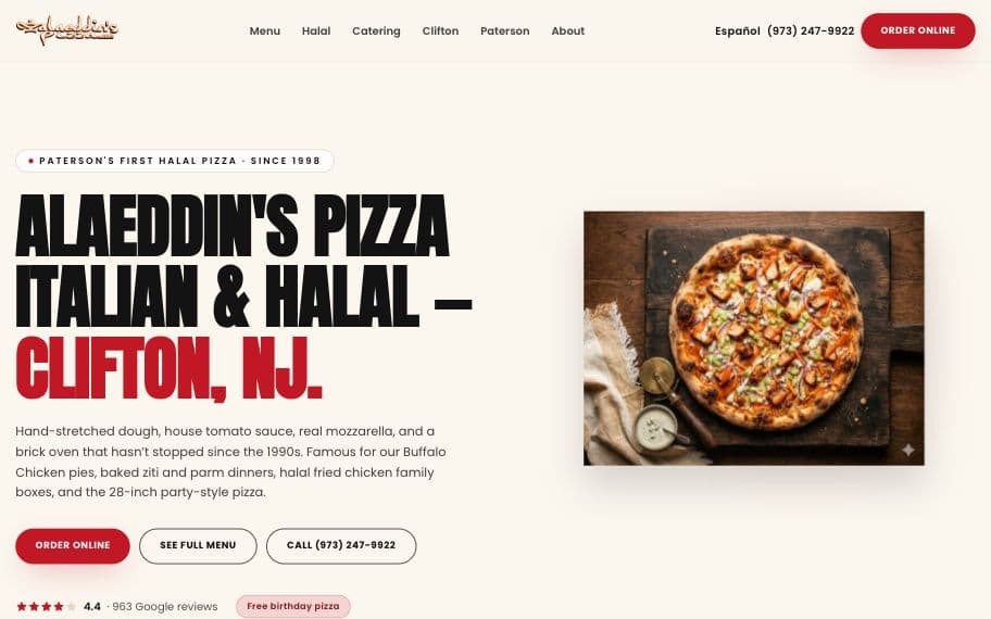 Homepage of the Alaeddin's Pizza website