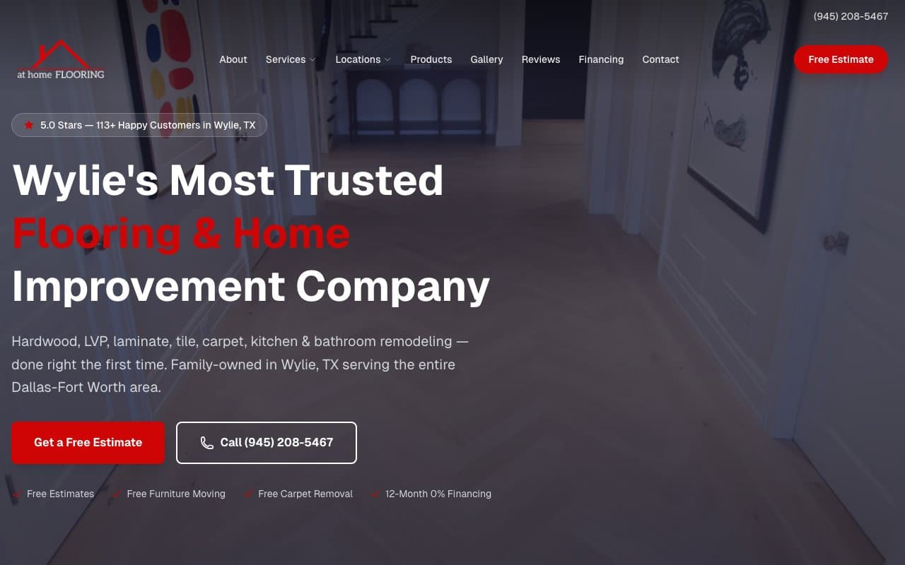 Homepage of the At Home Flooring Solutions website