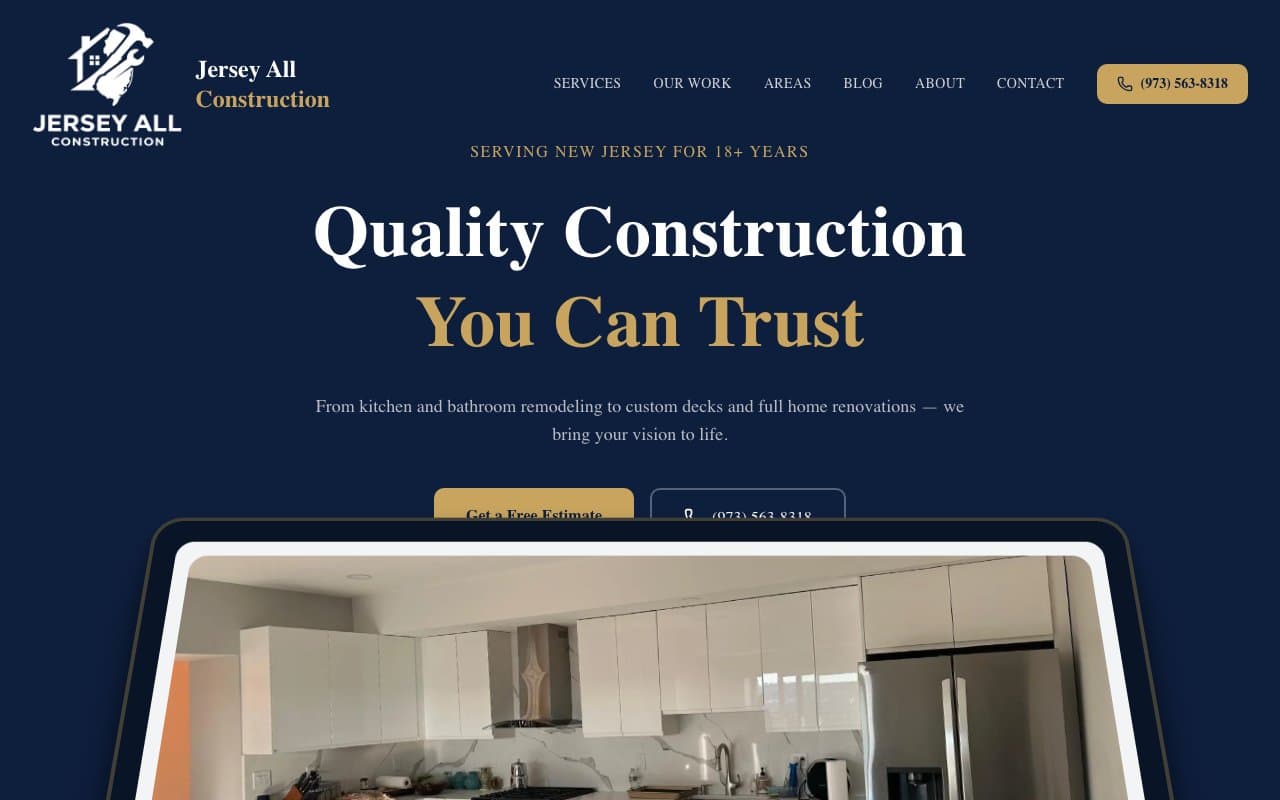 Jersey All Construction general contractor website for New Jersey, built by Mega Media Management
