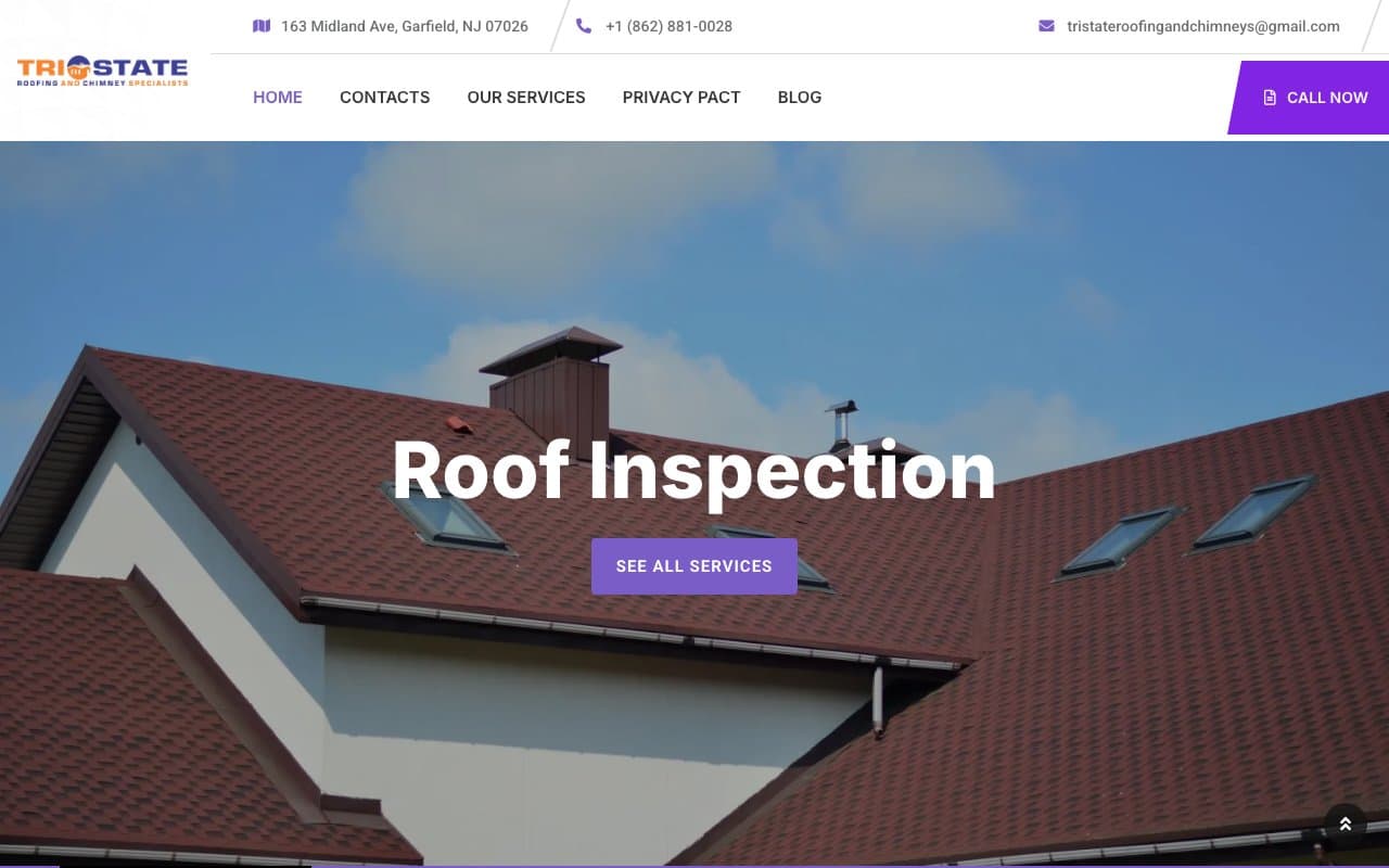 Tri-State Roofing & Chimneys website — North Jersey roofing contractor in Garfield, NJ, built by Mega Media Management