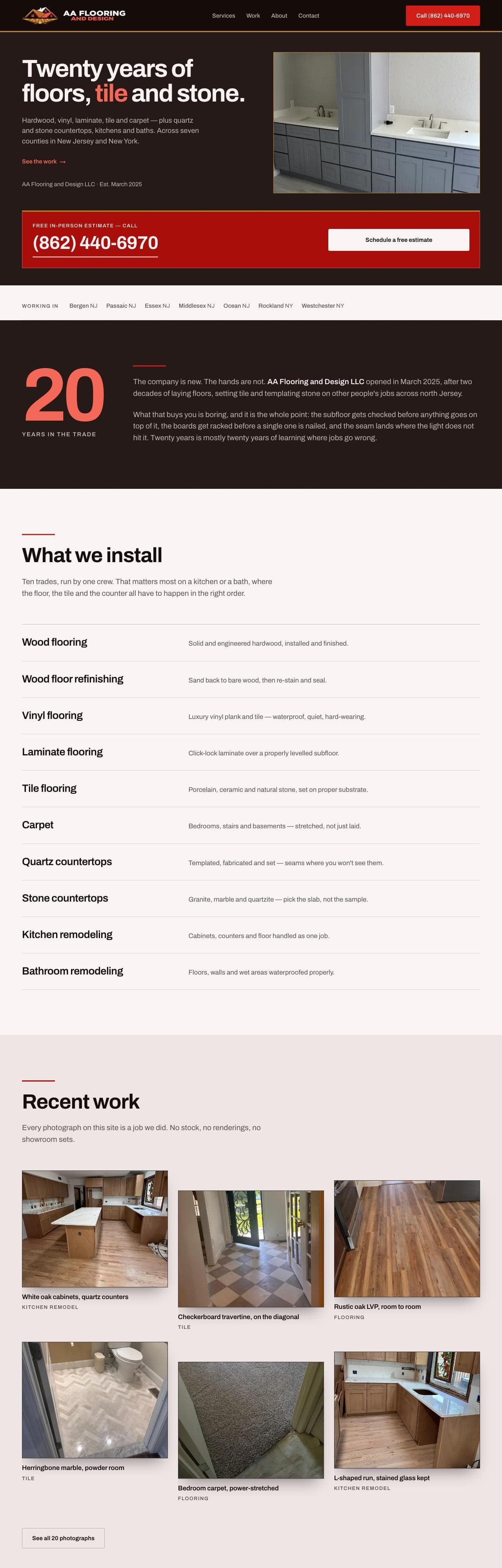 Homepage of the AA Flooring and Design website