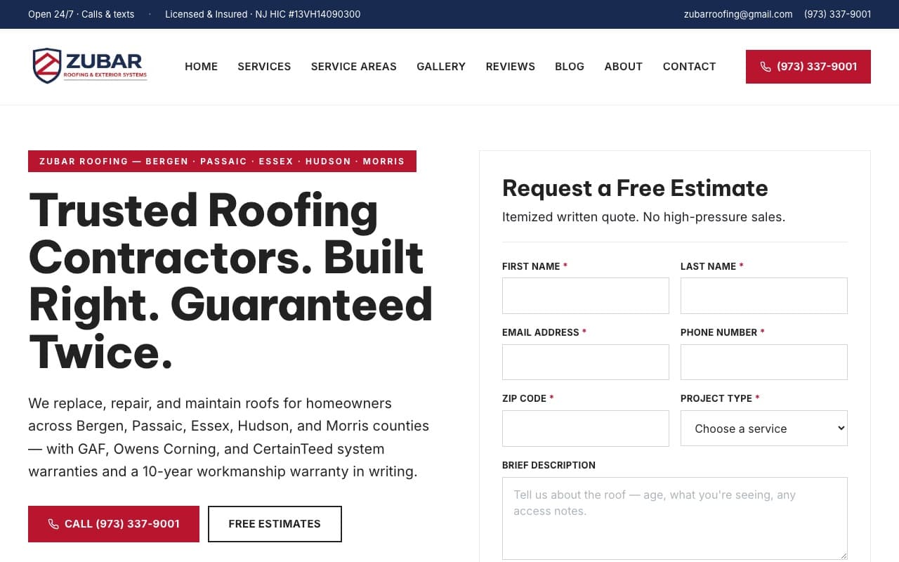 Zubar Roofing & Exterior Systems website — roofing contractor in Clifton, NJ, built by Mega Media Management